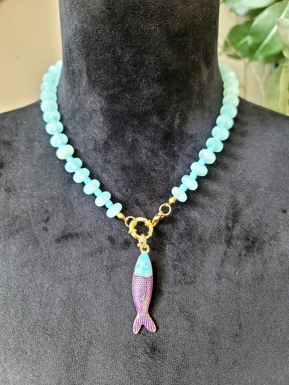Lightweight Turquoise Blue Beaded Necklace with Colorful Fish Pendant Coastal